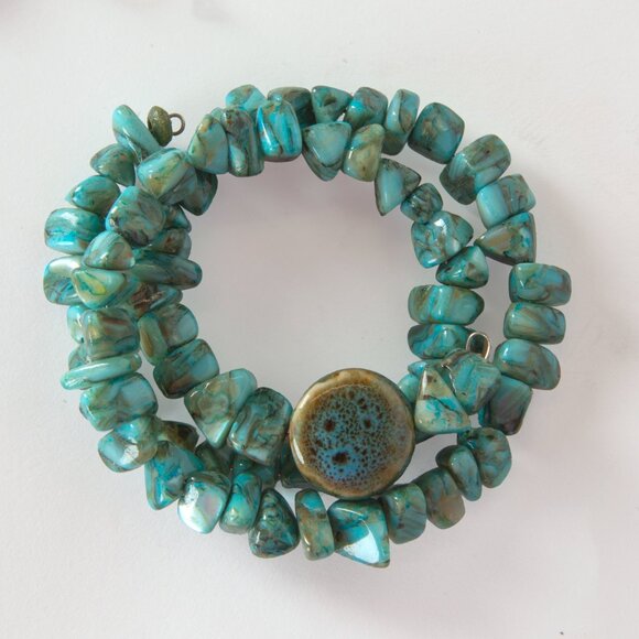 Turquoise Nugget Bracelet Memory Wire Chunky - Picture 2 of 4